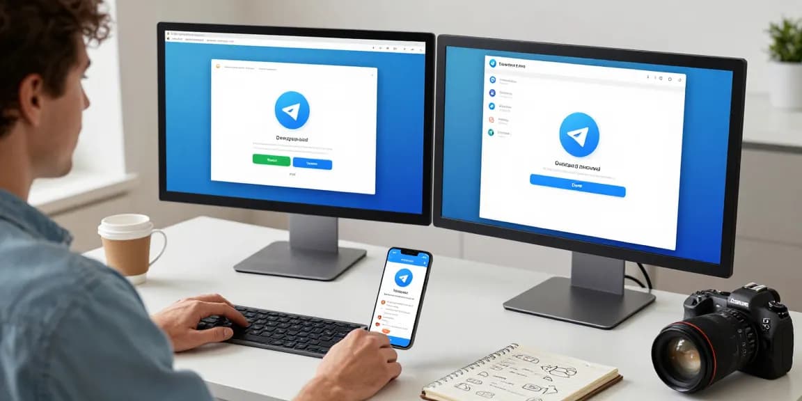 Download Telegram app on a digital workspace featuring dual monitors and a smartphone.