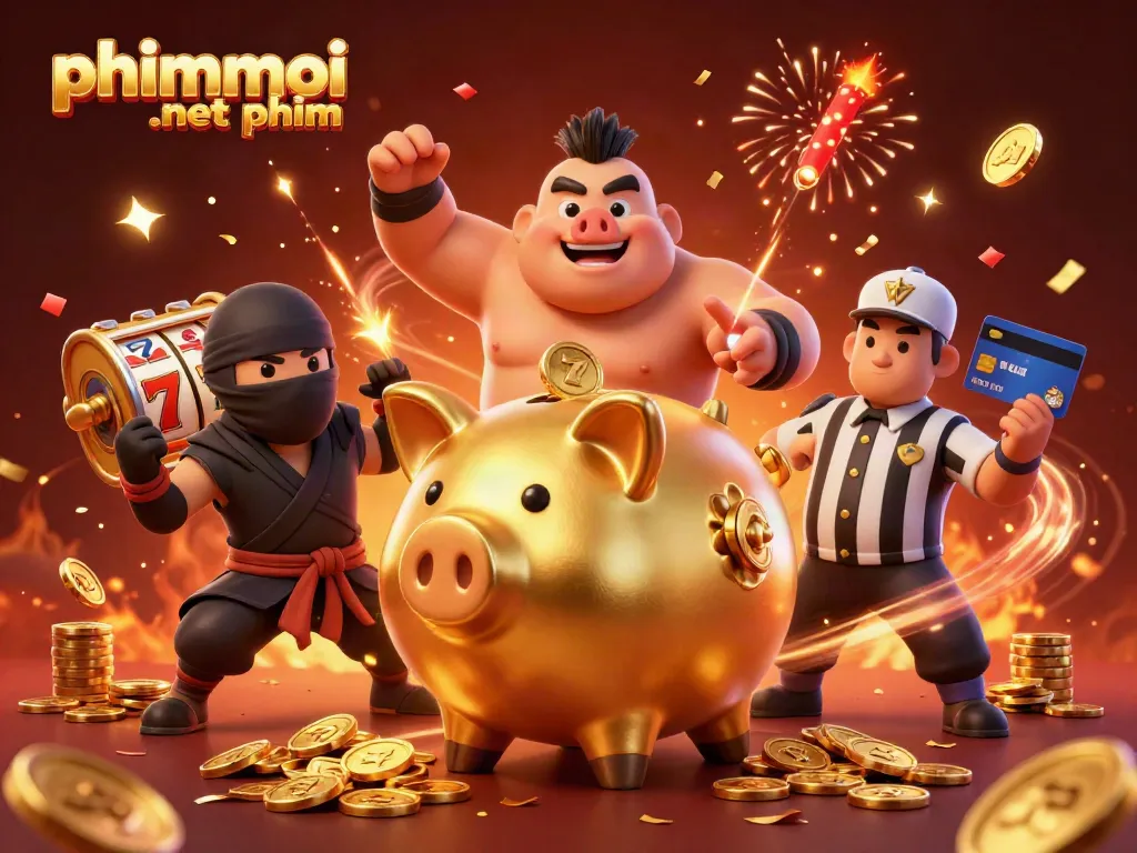Experience the excitement of phimmoi .net phim with dynamic casino action featuring a golden piggy bank sumo wrestler and vibrant slot reels.