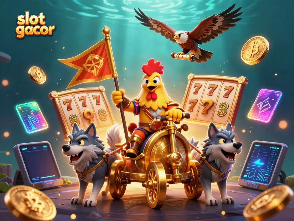 Experience thrilling slot gacor gameplay with a dynamic illustration featuring a cartoon rooster warlord in a golden chariot.