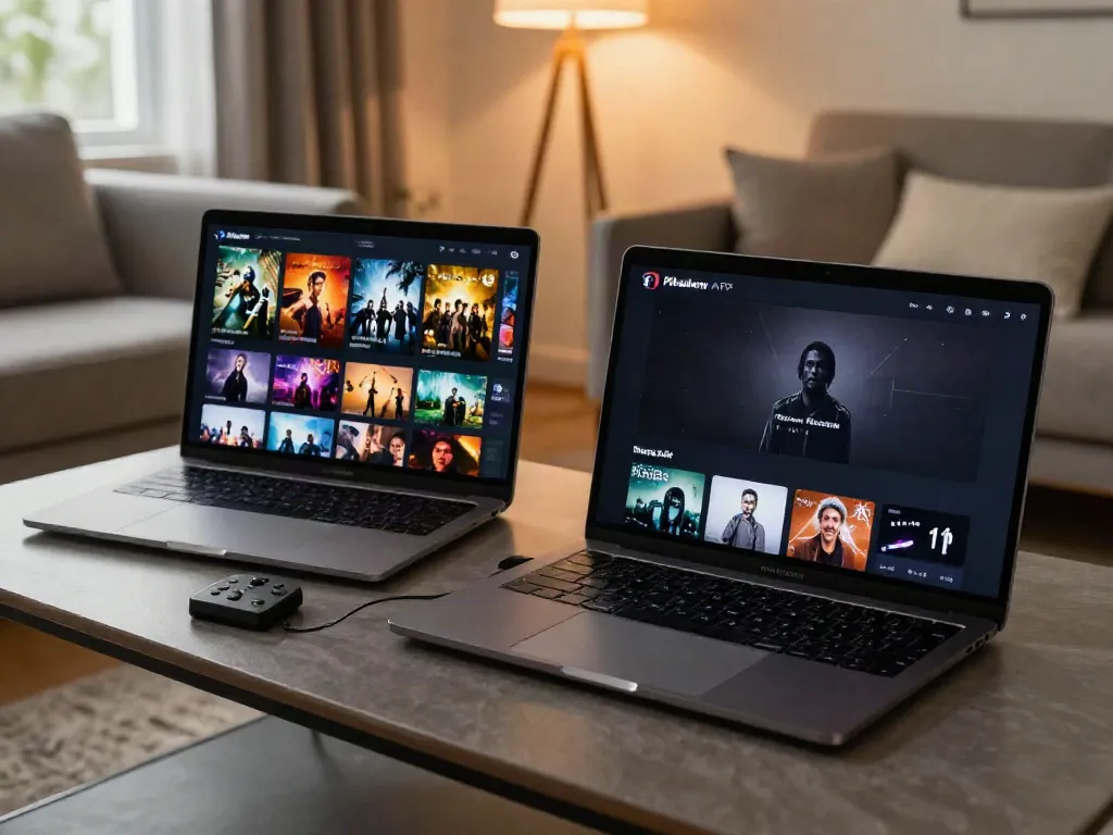 Pikashow APK interface on a laptop with vibrant movie posters, showcasing a free streaming experience.