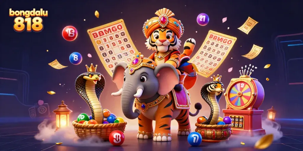Engage in exciting gameplay with bongdalu 818 featuring a regal maharaja tiger amidst vibrant gambling elements.