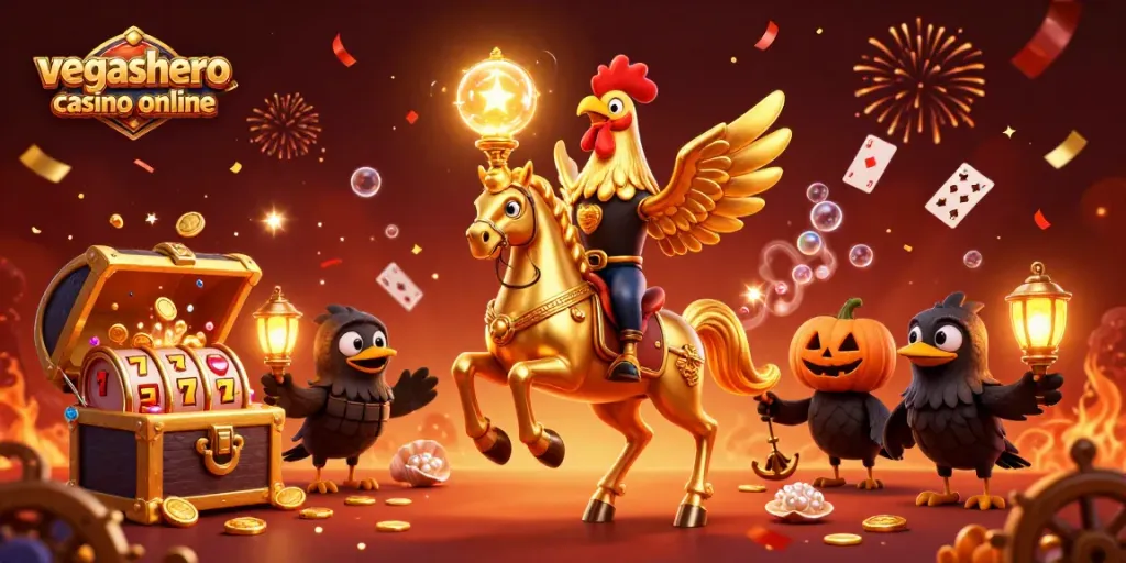 Experience excitement at vegashero casino online with golden rooster and spectral horse amidst casino treasures.