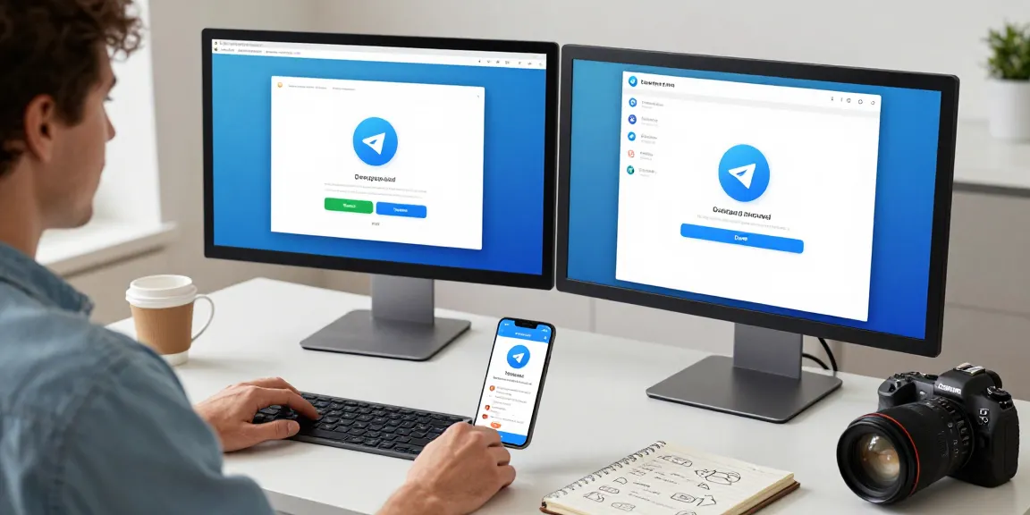 Download Telegram app on a digital workspace featuring dual monitors and a smartphone.