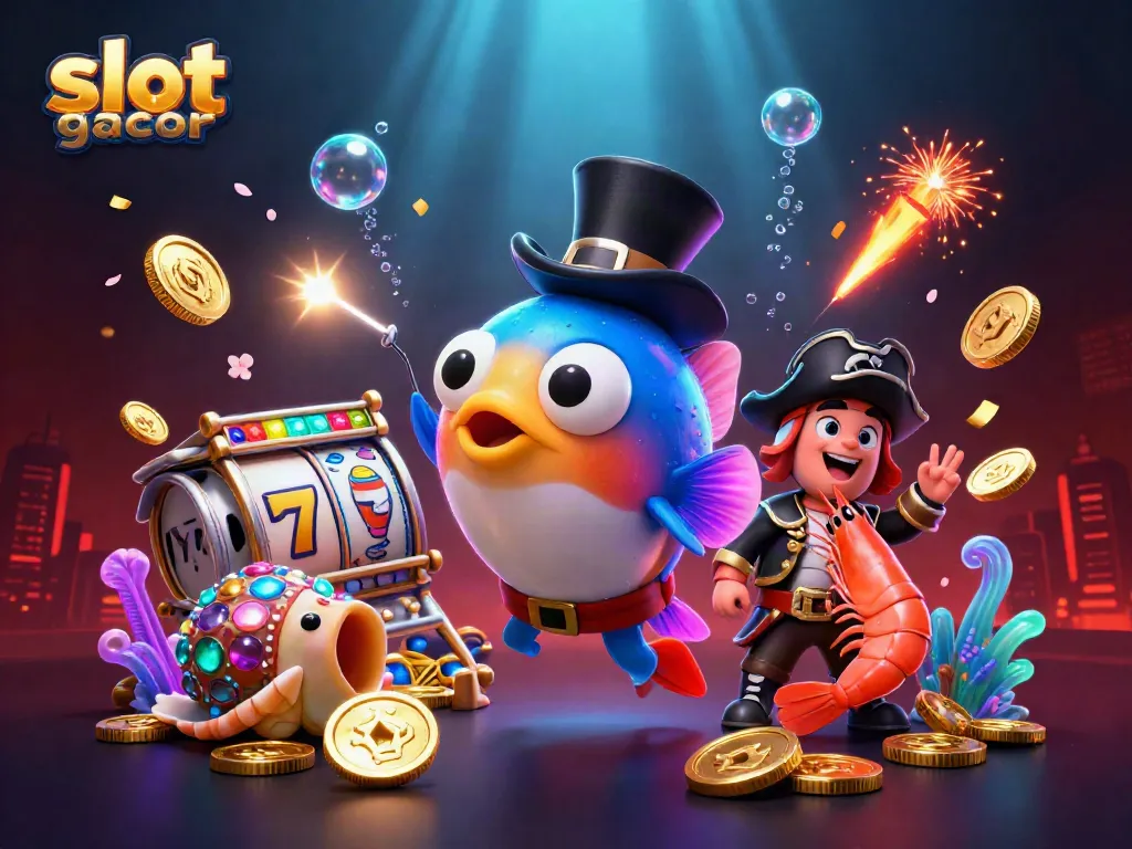 Attract golden coins with slot gacor characters, including a deep-sea anglerfish and pirate shrimp.