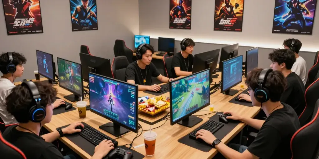Engaged gamers at Manclub gaming lounge enjoying vibrant online games with immersive visuals.
