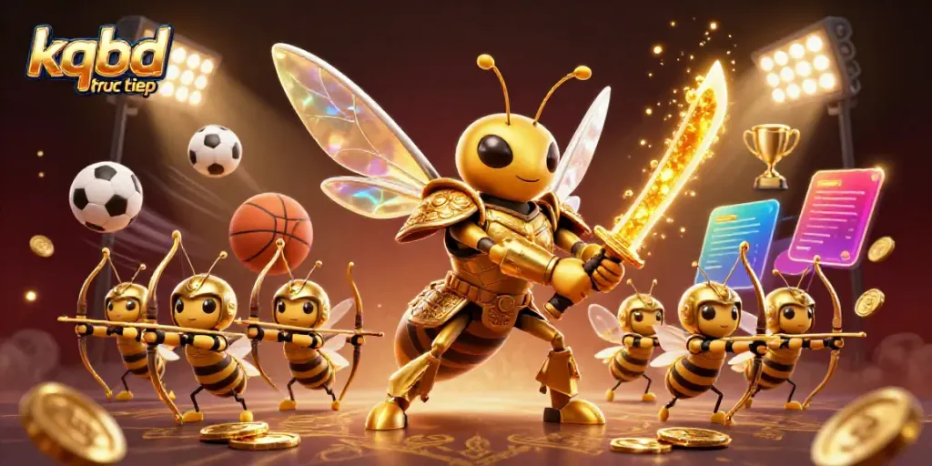 Engage with kqbd truc tiep through lively sports elements and golden visuals in a dynamic 3D scene.