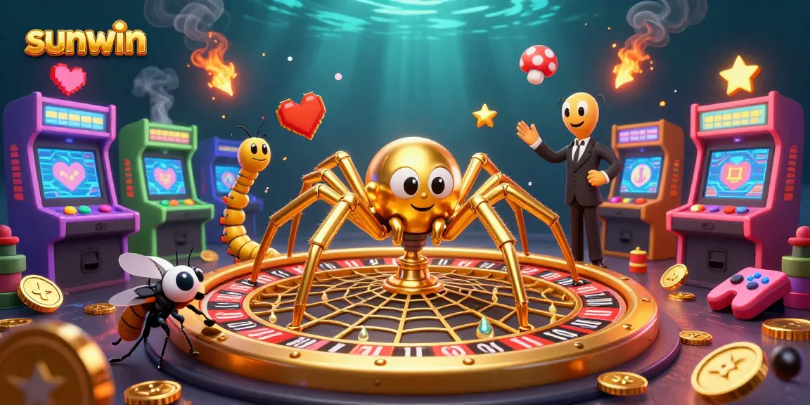 Watch sunwin's golden spider spin a roulette wheel made of gold, placing bets and thriving in a colorful gaming world.