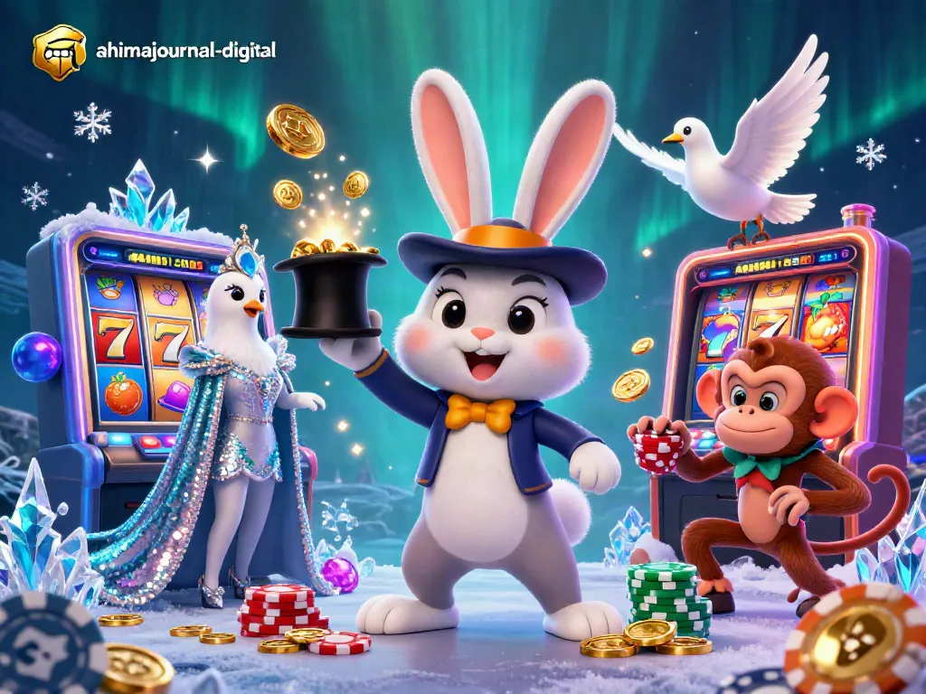 Experience the vibrant energy of ahimajournal-digital with a magician rabbit pulling gold coins and slot machine elements.
