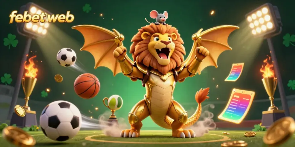 Experience thrilling betting action with febet web in this dynamic 3D casino illustration featuring sports elements and a golden chimera.