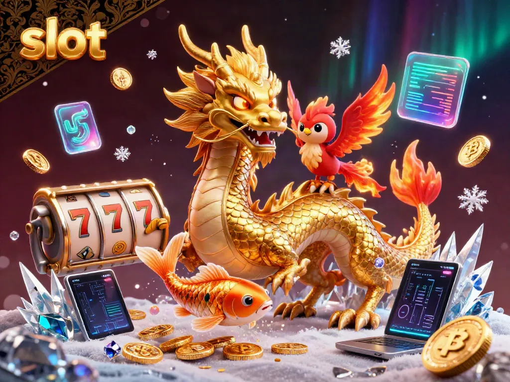 Engage with slot adventures in vibrant colors featuring a dragon, phoenix, and koi amidst coins.