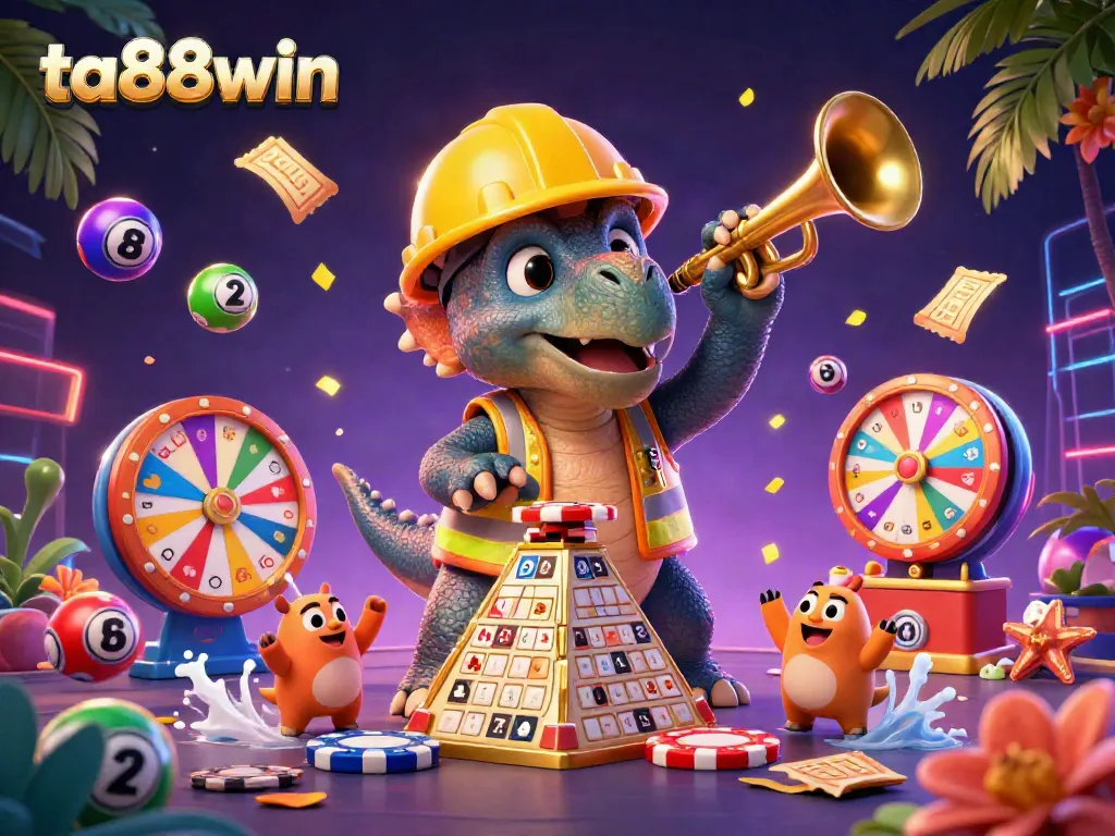 A dynamic illustration of characters celebrating wins in the ta88win casino, surrounded by vibrant gaming elements.
