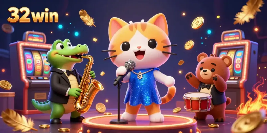 Experience the thrill of 32 win as a jazz cat sings on stage, surrounded by vibrant casino elements.