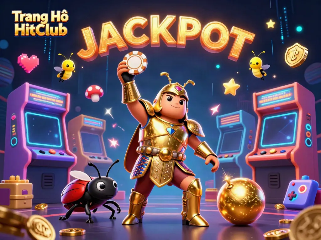 Engage with the action at Trang Chủ HitClub, where the animated hercules beetle celebrates a jackpot victory amidst dazzling gaming elements.
