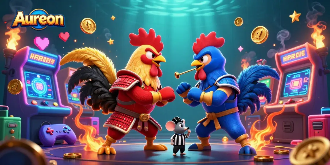 Aureon showcases an epic battle between cartoon roosters amidst vibrant casino game elements.