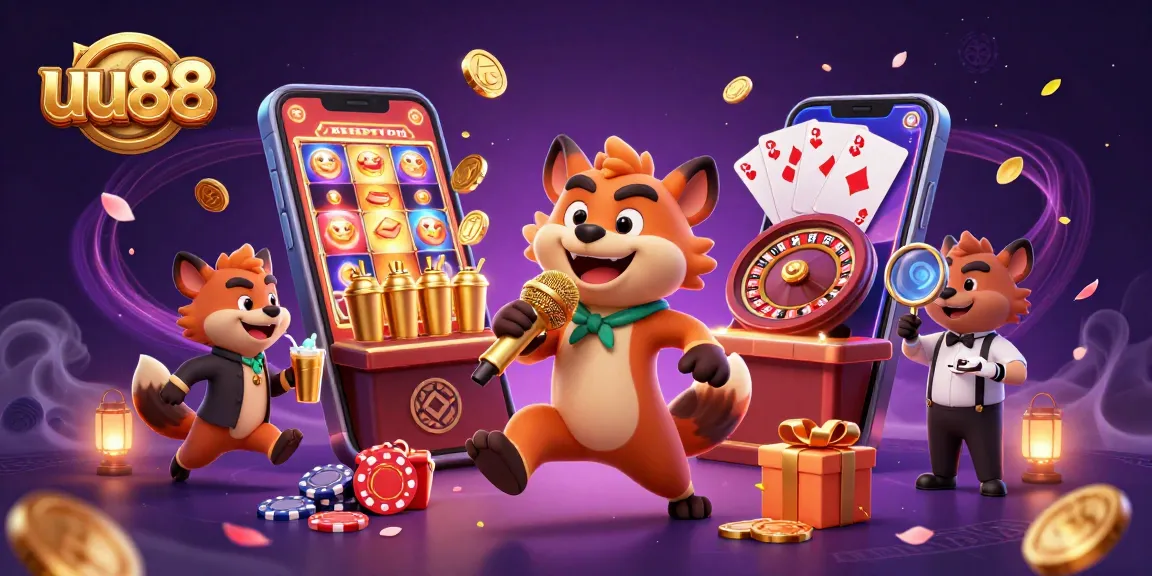 uu88 hyenas at a vibrant casino scene, mixing drinks and telling jokes amid gaming excitement