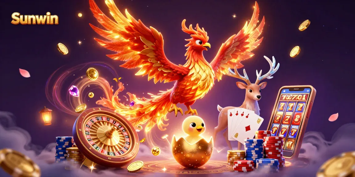 Experience the thrill of Sunwin with a vibrant phoenix and gaming elements in a dynamic, captivating scene.