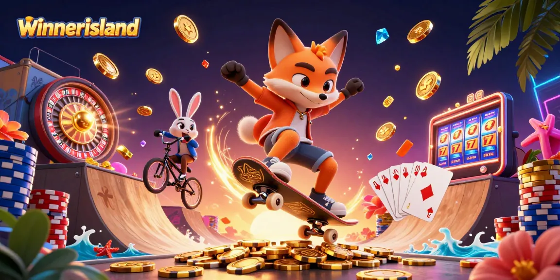 Experience big wins at winnerisland casino with animated fox and rabbit amidst vibrant casino elements.