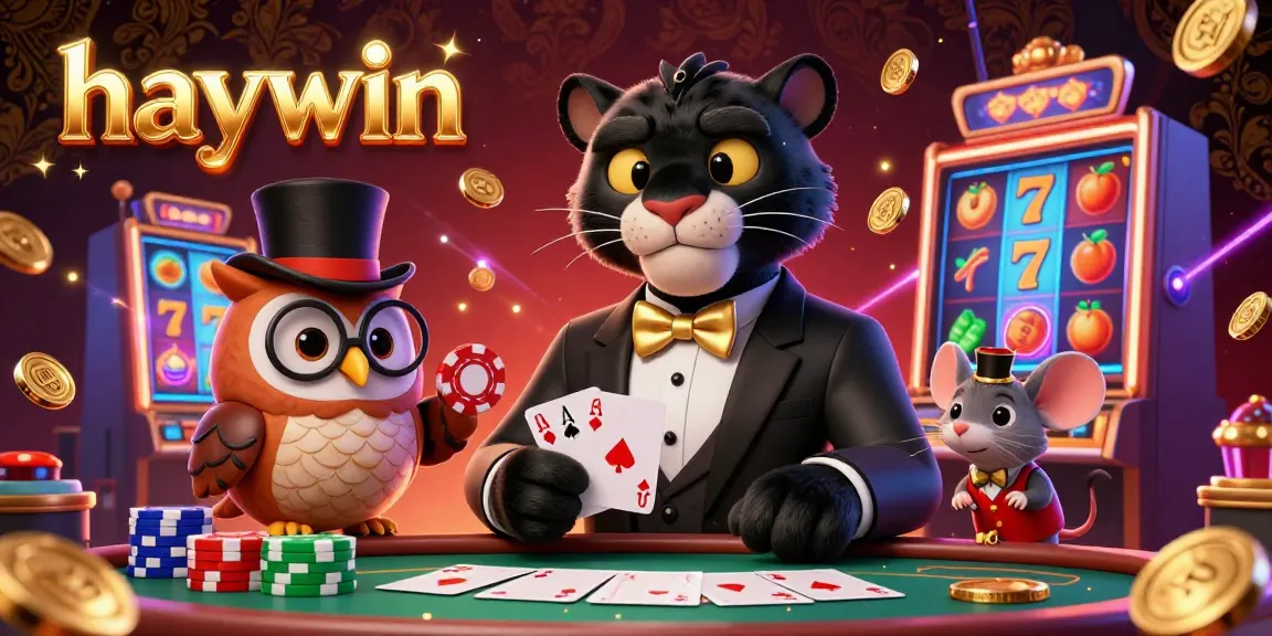 Engage in the excitement of haywin with a stylish panther, owl, and lucky mouse in a vibrant casino scene.